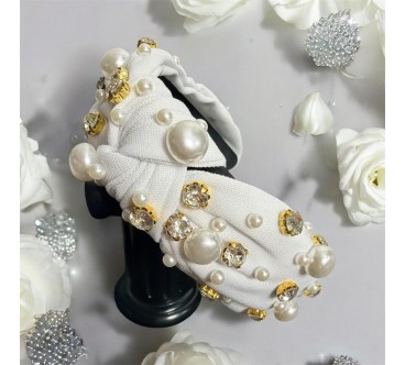 Op.76 Biała Materiałowa Opaska ozdobiona Perłami i Cyrkoniami