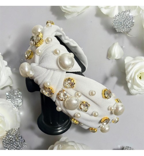 Op.76 Biała Materiałowa Opaska ozdobiona Perłami i Cyrkoniami