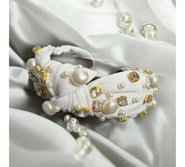 Op.76 Biała Materiałowa Opaska ozdobiona Perłami i Cyrkoniami