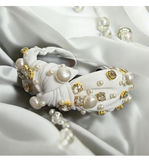 Op.76 Biała Materiałowa Opaska ozdobiona Perłami i Cyrkoniami