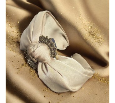 op.78 Opaska Satynowa Beżowa z Złotym Kółkiem i Cyrkoniami