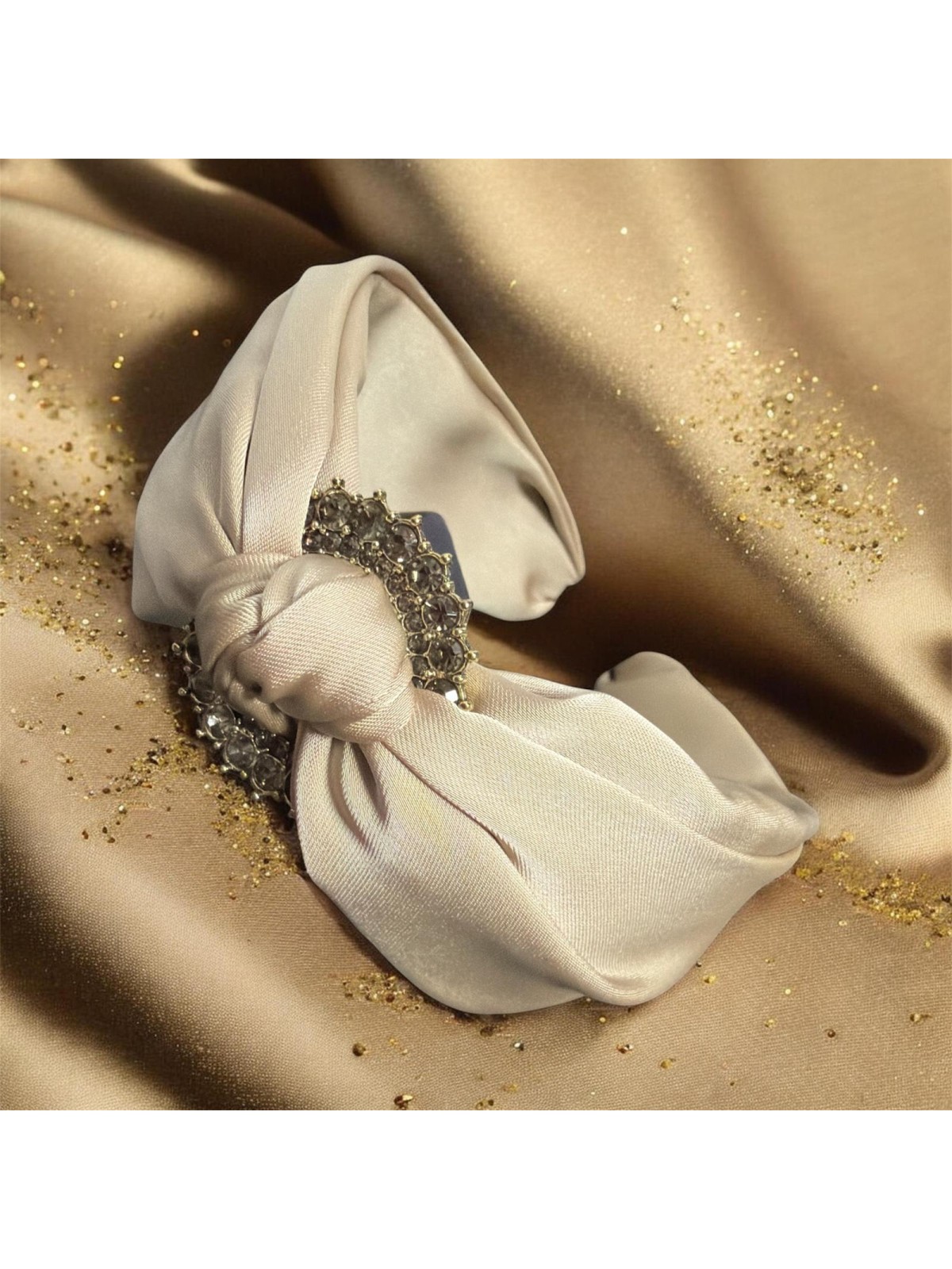 op.78 Opaska Satynowa Beżowa z Złotym Kółkiem i Cyrkoniami