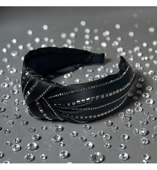 Op.82 Czarna Satynowa Opaska ze Srebrnymi zdobieniami