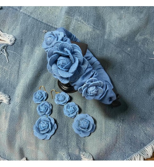 Op.88 Piękny zestaw opaska + kolczyki trzy różyczki