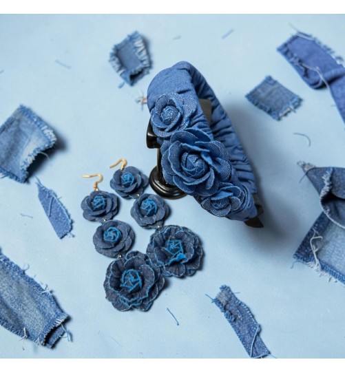 Op.89 Piękny zestaw ciemny odcień opaska + kolczyki potrójna  róża