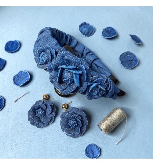 Op.90 Piękny zestaw ciemny odcień opaska + kolczyki pojedyńcza róza