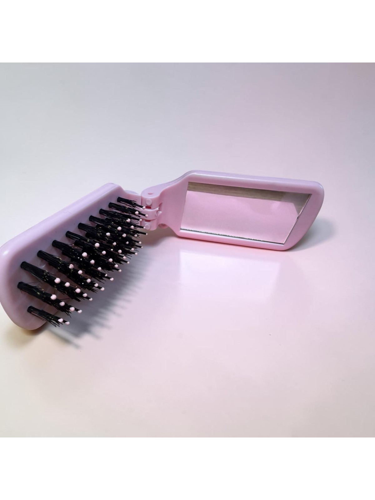 S16 szczotka z włosiem z dzika różowa  z lusterkiem mini do torebki