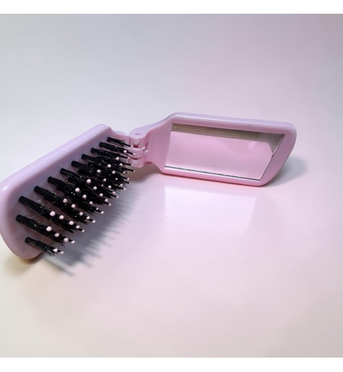 S16 szczotka z włosiem z dzika różowa  z lusterkiem mini do torebki