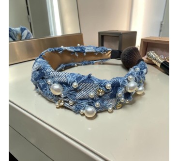 op96.niebieska opaska jeans z ozdobami