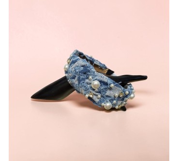 op96.niebieska opaska jeans z ozdobami