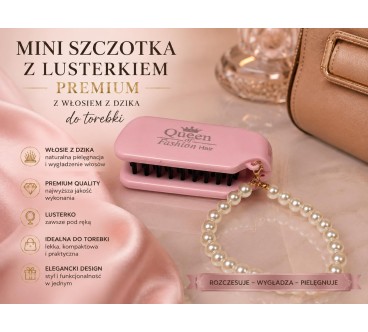 S16 szczotka z włosiem z dzika różowa  z lusterkiem mini do torebki