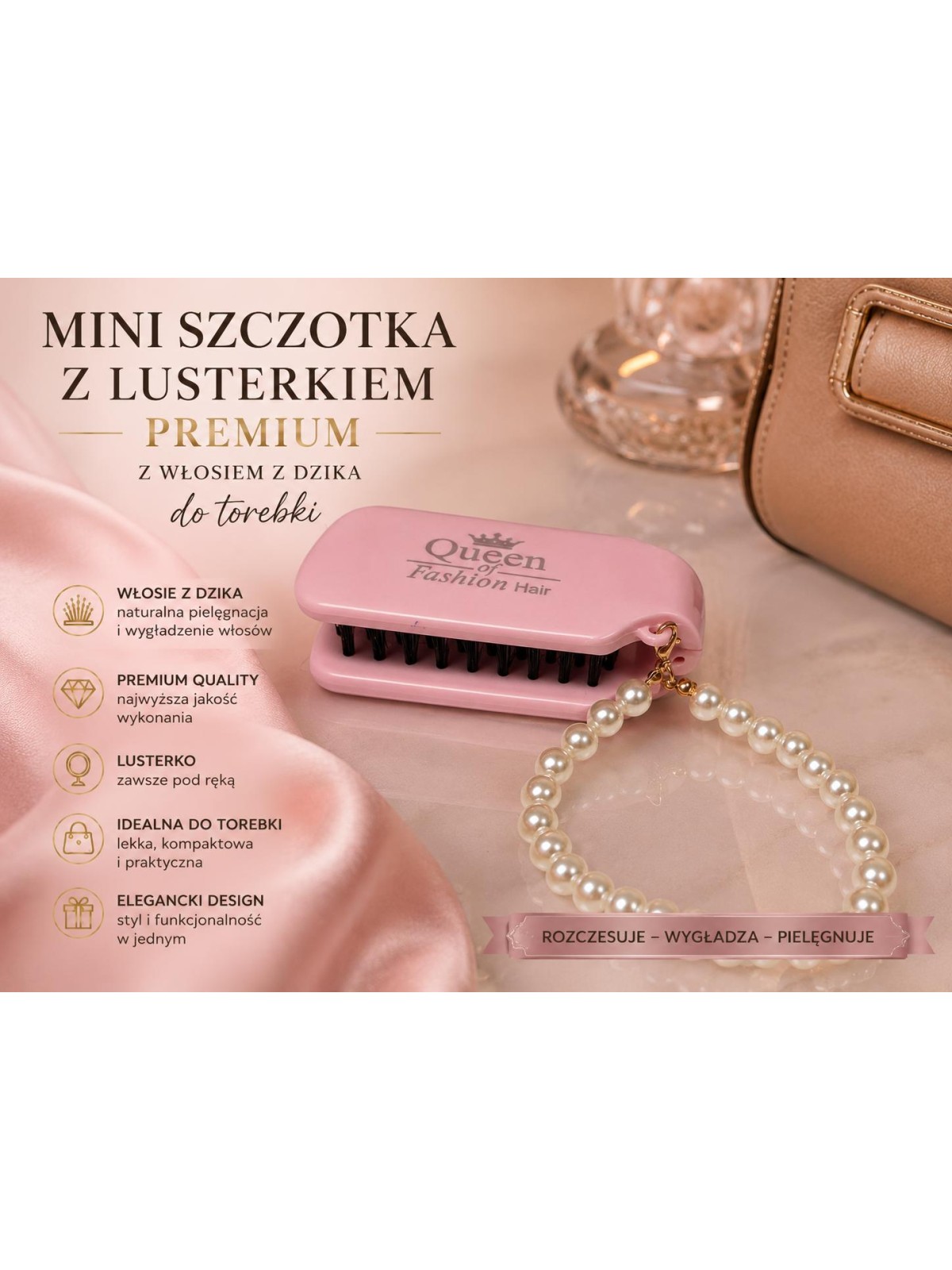 S16 szczotka z włosiem z dzika różowa  z lusterkiem mini do torebki