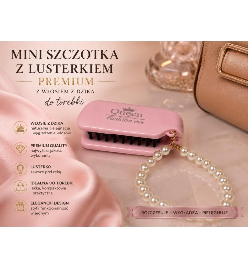 S16 szczotka z włosiem z dzika różowa  z lusterkiem mini do torebki
