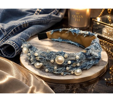 op96.niebieska opaska jeans z ozdobami