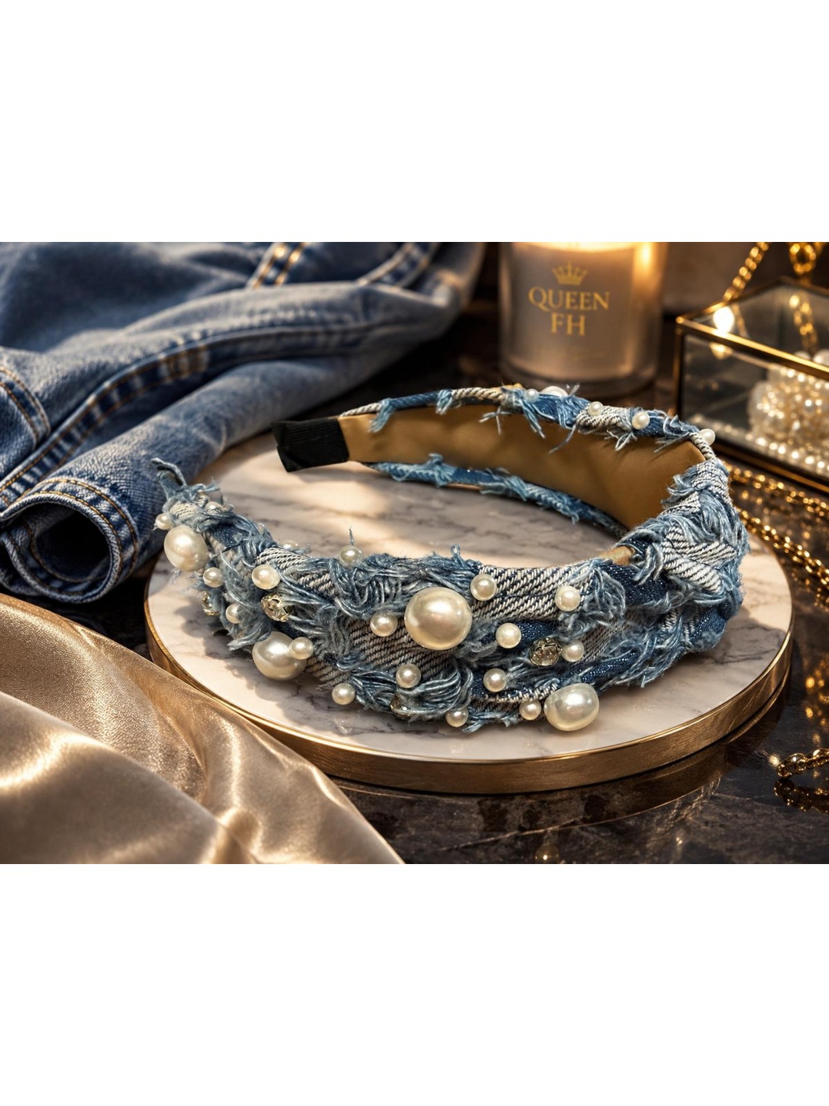 op96.niebieska opaska jeans z ozdobami