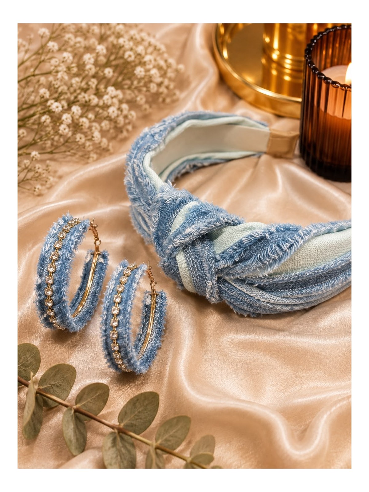 Op 115 Zestaw opaska jasny jeans + kolczyki
