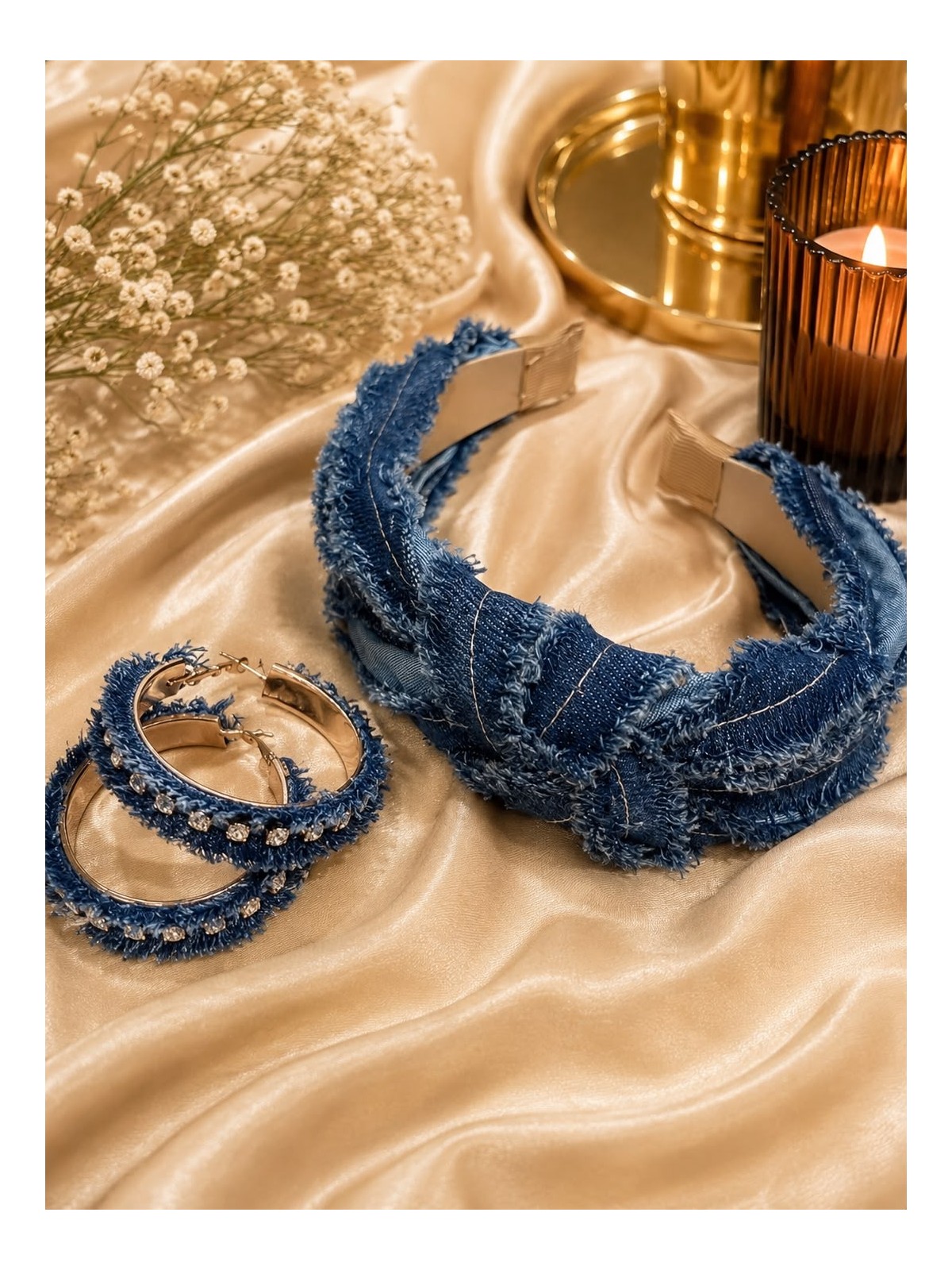 Op 115 Zestaw opaska ciemny jeans + kolczyki
