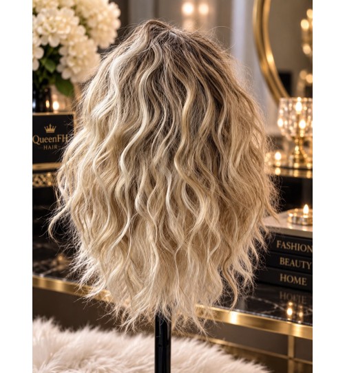 Kuc M4-beżowy blond łączony z refleksami jasnego blondu ombre ciemny blond 40 cm